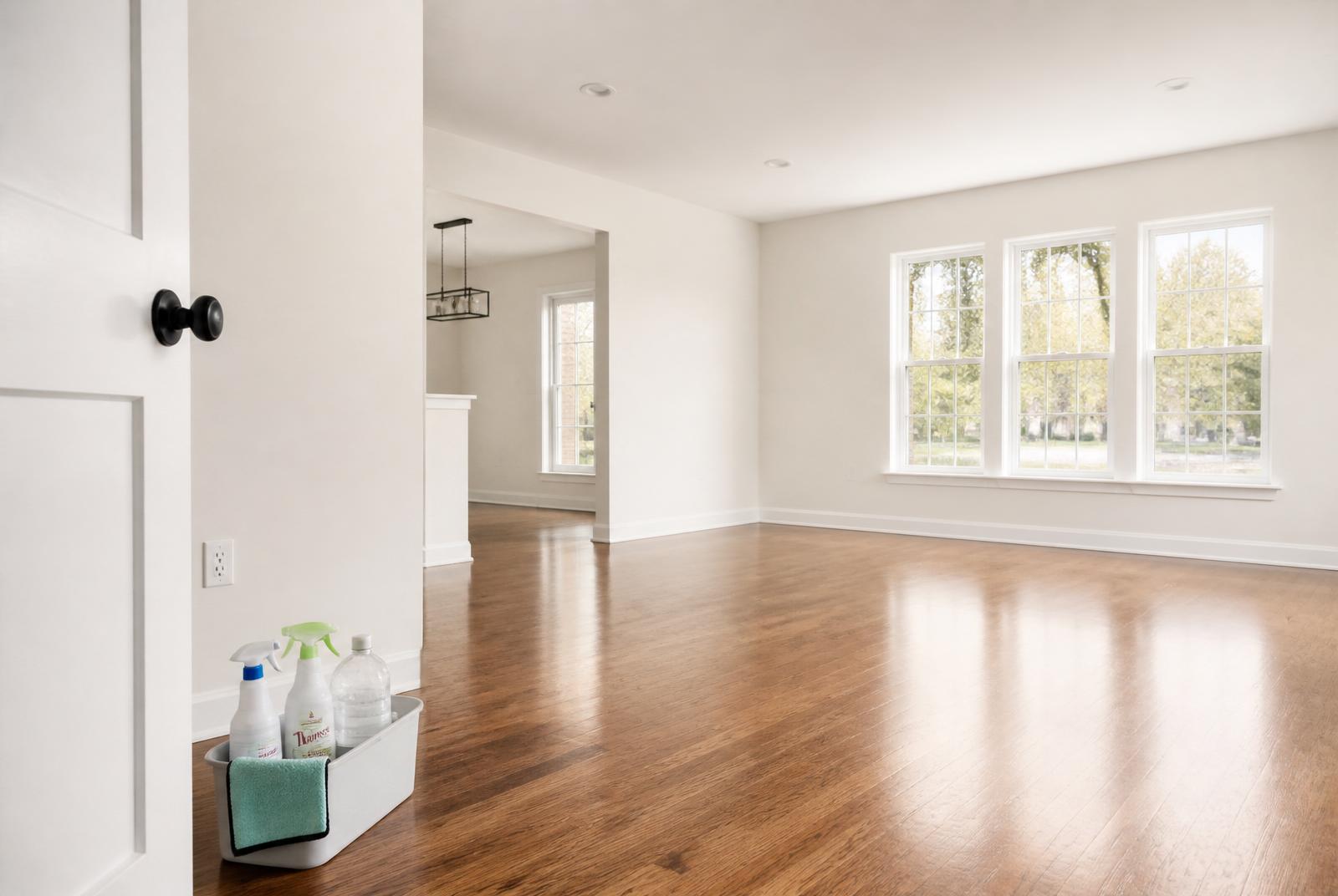 Sunlit empty apartment with hardwood floors, clean white cabinets, and stacked moving boxes